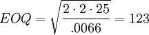 EOQ =\sqrt{\frac{2\cdot 2\cdot 25}{.0066}} = 123