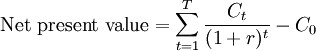 \mbox{Net present value}=\sum_{t=1}^{T}\frac{C_t}{(1+r)^t}-C_0